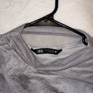 Zara Metallic Silver Mesh Long Sleeve Top